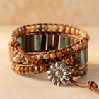 Natural Jasper Sunflower Charm Leather Wrap Bracelet