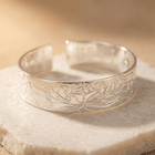 Silver Lotus Engraved Wide Bangle Bracelet
