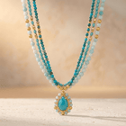 Turquoise Gold Layered Beaded Pendant Necklace