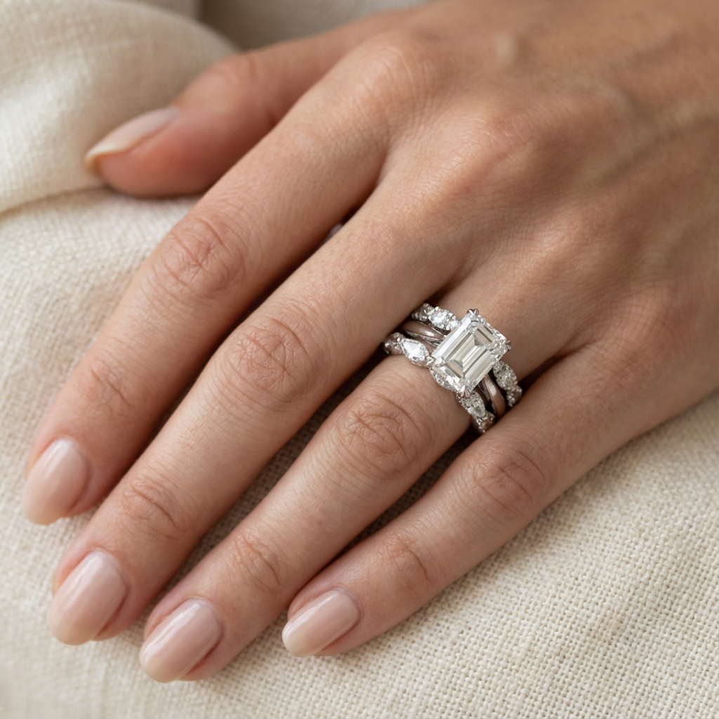 Zilveren ringenset met emerald-slijpsel zirkonia