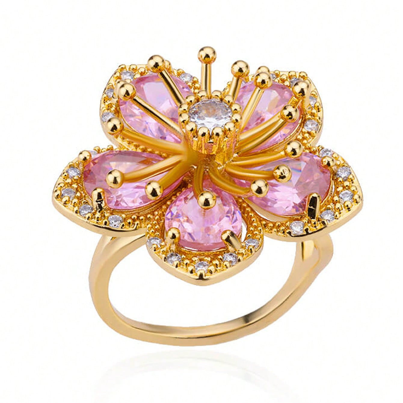 Gouden oorbellen met roze en witte zirkonia bloem