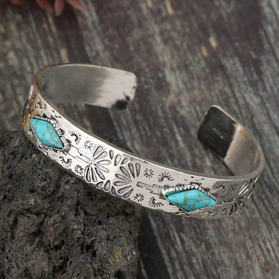 Zilveren western armband met turkooizen ruiten en gravering
