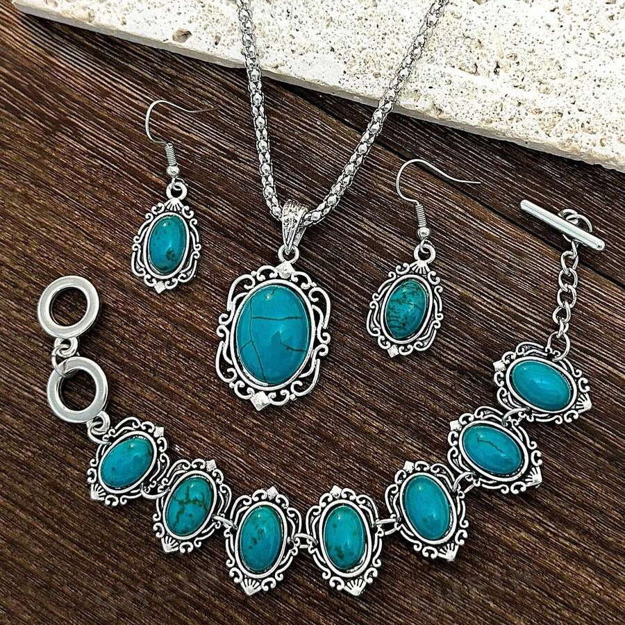 Zilveren sieradenset met turkoois: ketting, oorbellen en armband