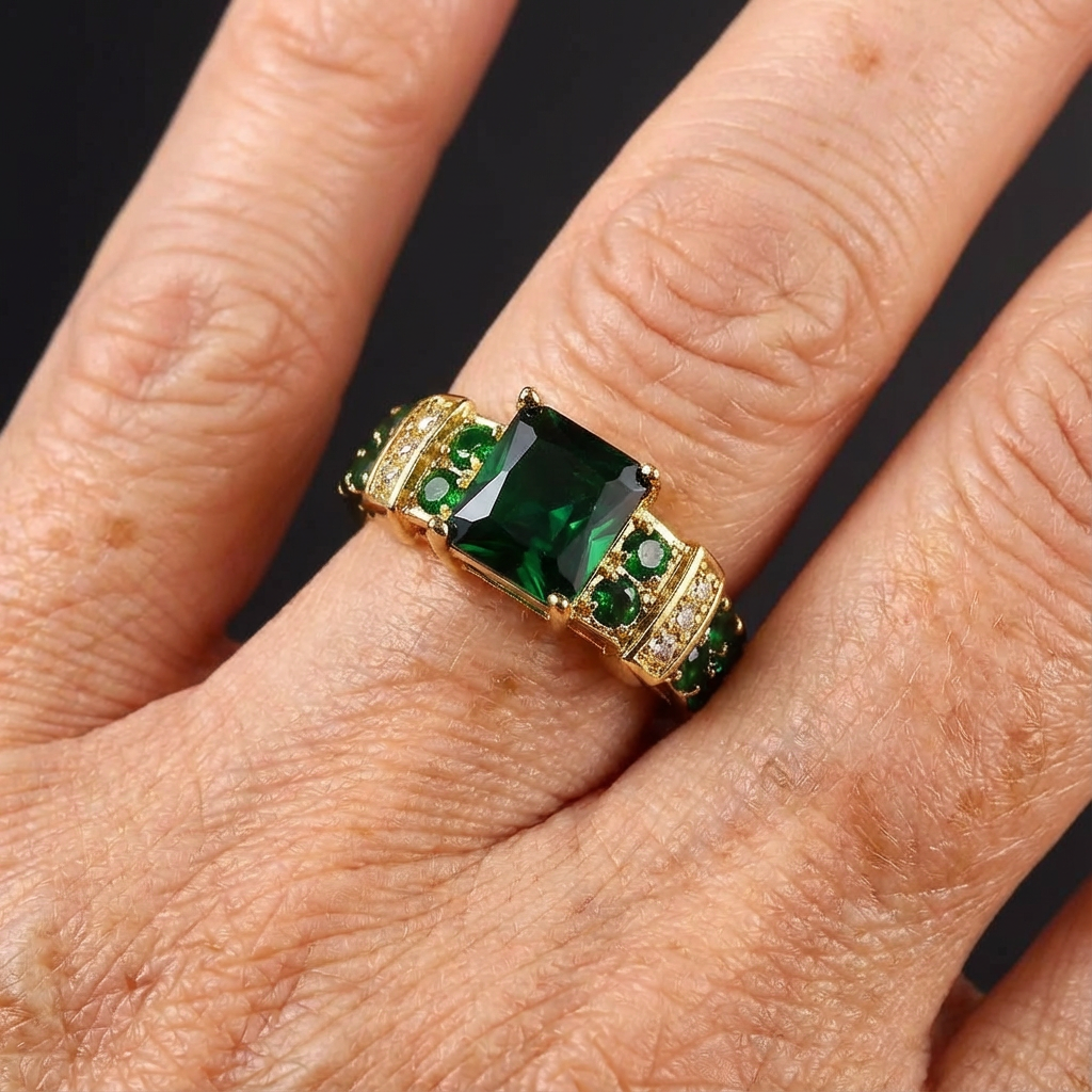 Gouden ring met vierkante groene edelsteen