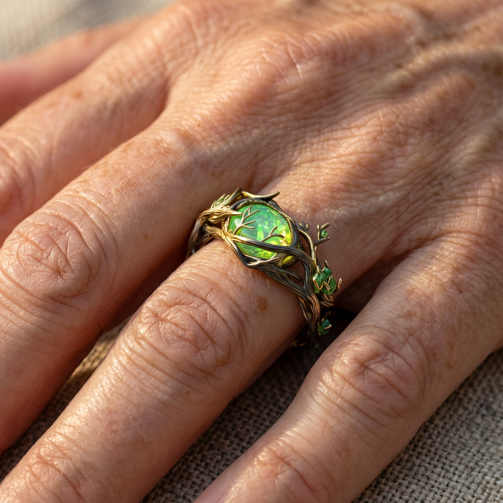 Gouden takjesring met groene edelsteen