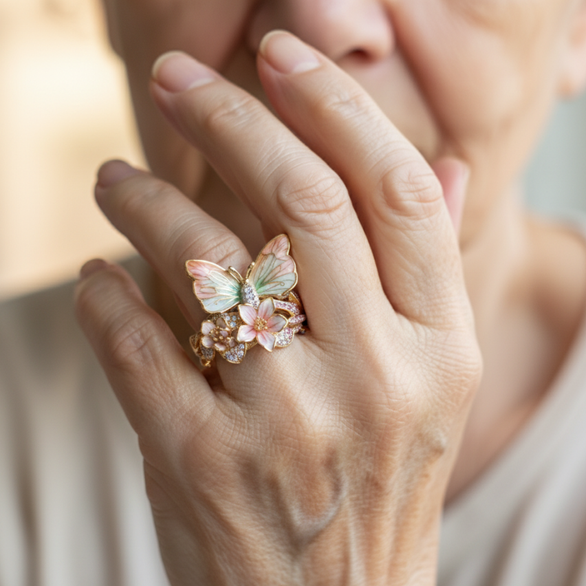 Gouden vintage ring met vlinder en bloemen