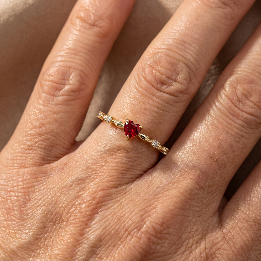Gouden fijne ring met rood hart steentje
