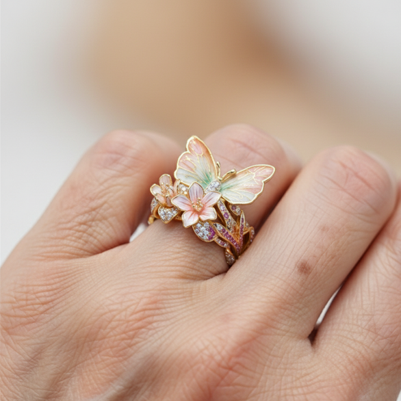 Gouden vintage ring met vlinder en bloemen