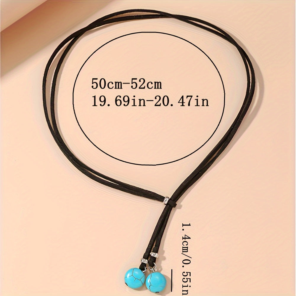 Bohemian lariat ketting van zwart koord met turkooizen kralen