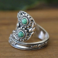 Zilveren vintage lepelring met turquoise zonnebloemen