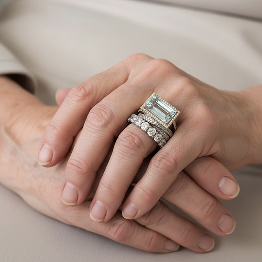 Gouden gesmede ring met blauwe kristalaccenten