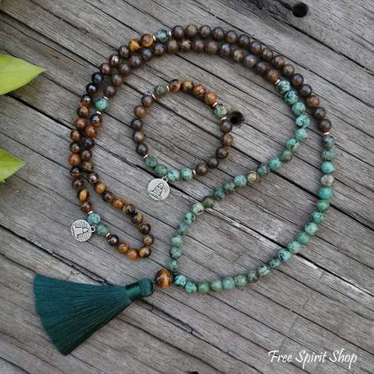 108 Natural Tiger Eye Bronzite &amp; African Turquoise Mala Beads