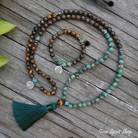 108 Natural Tiger Eye Bronzite &amp; African Turquoise Mala Beads