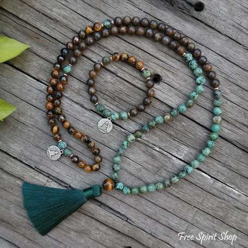 108 Natural Tiger Eye Bronzite &amp; African Turquoise Mala Beads