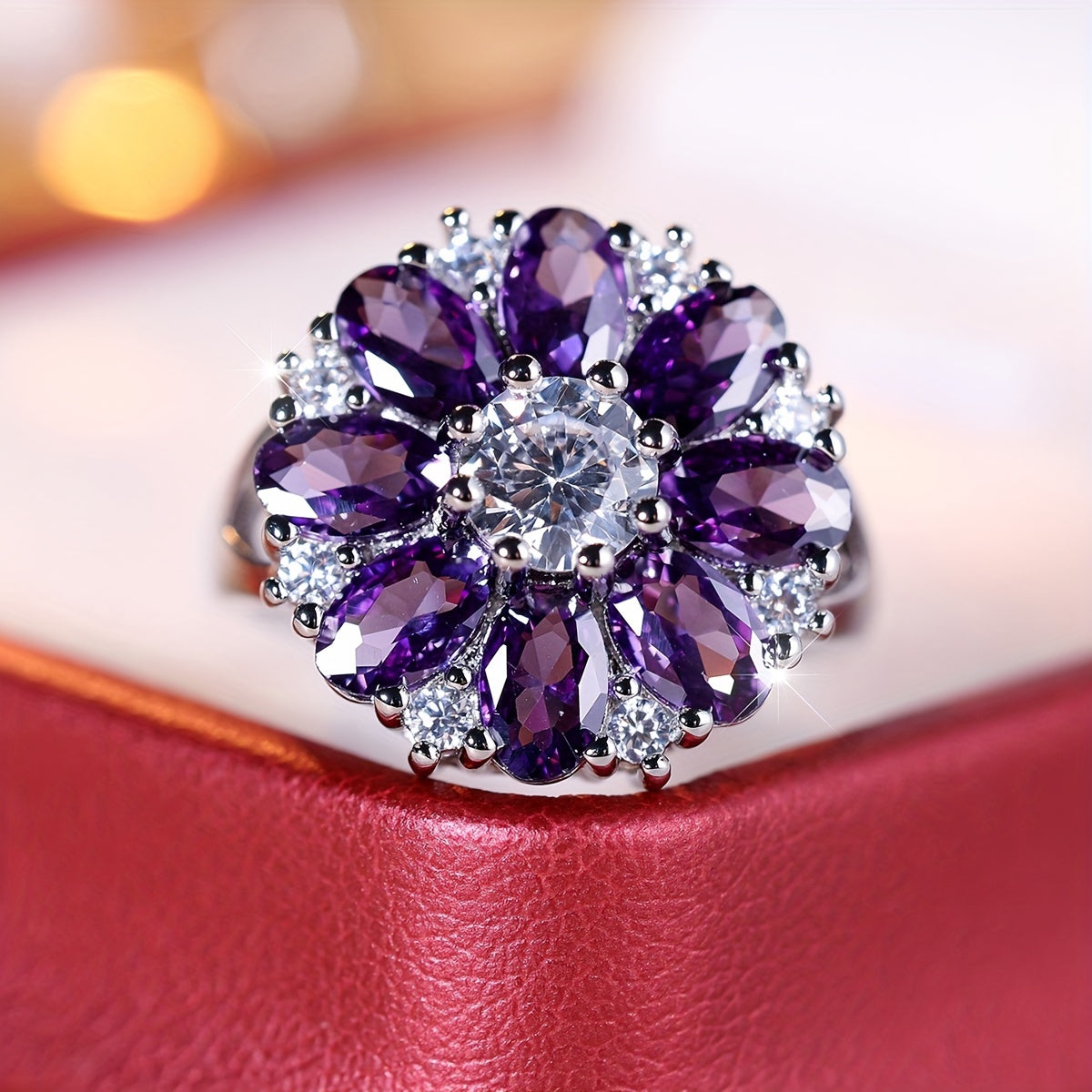 Zilveren ring met paarse en witte zirkonia bloem