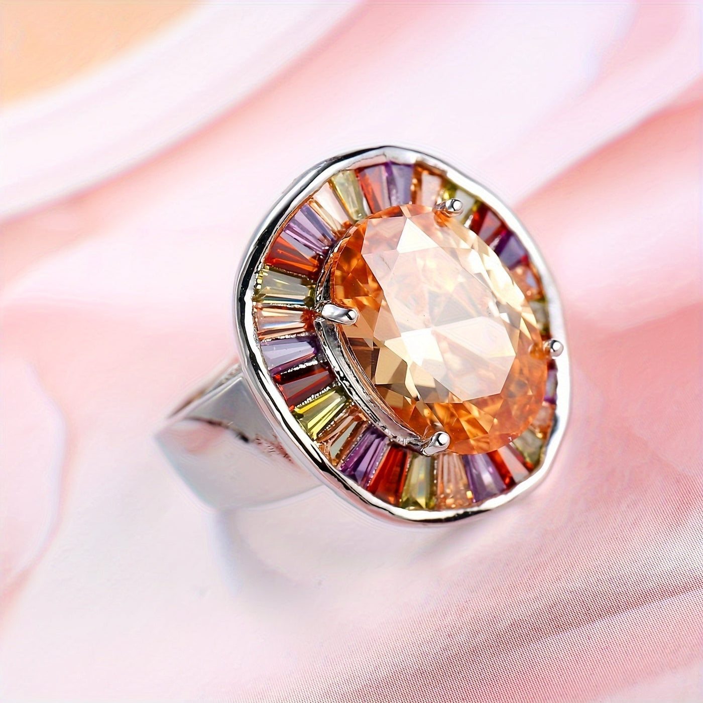 Zilveren ring met ovale champagnekleurige en kleurrijke edelstenen