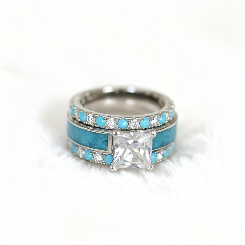 Zilveren ringenset met turquoise en vierkante zirkonia