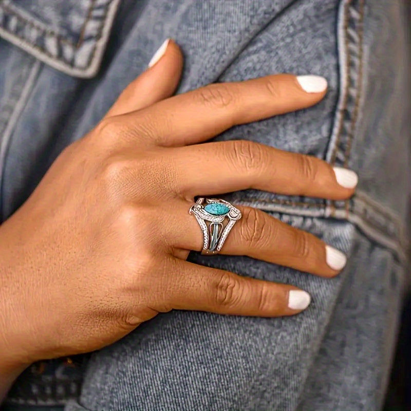 Zilveren brede ring met marquise turquoise en zirkonia