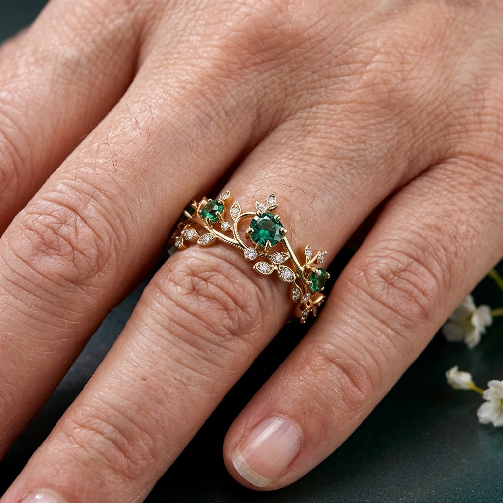 Gouden ring met groene edelstenen en blaadjes