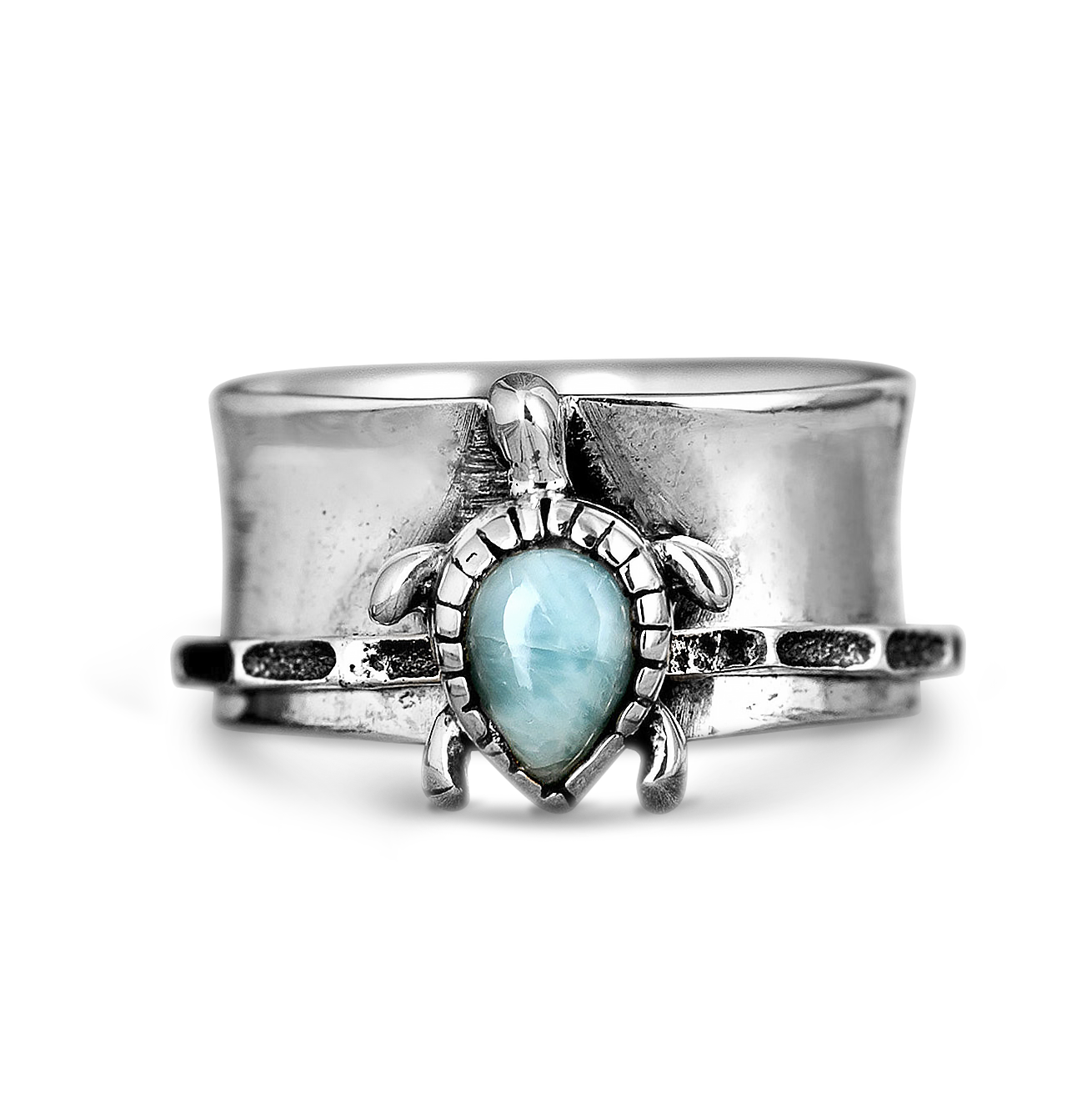 Zilveren brede ring met schildpad en larimar