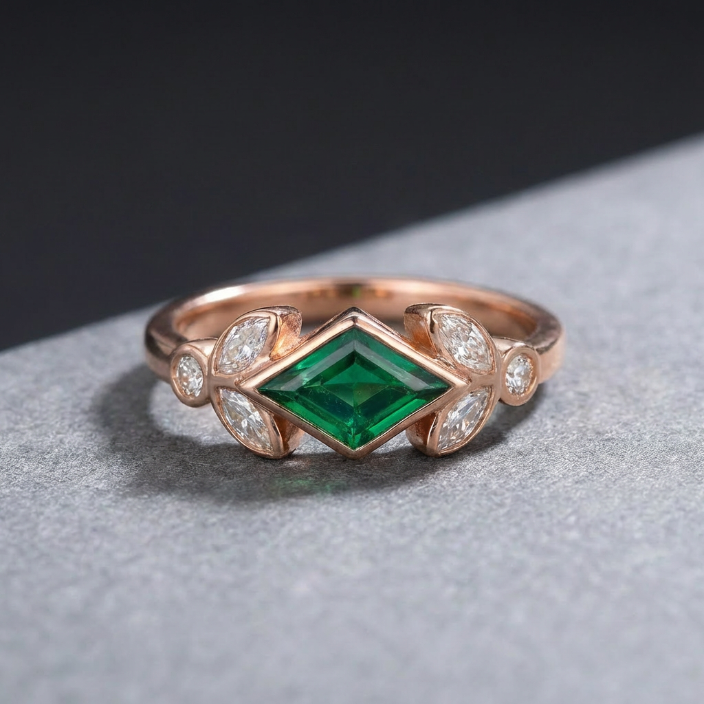 Roségouden ring met groene marquise-steen en bladmotief