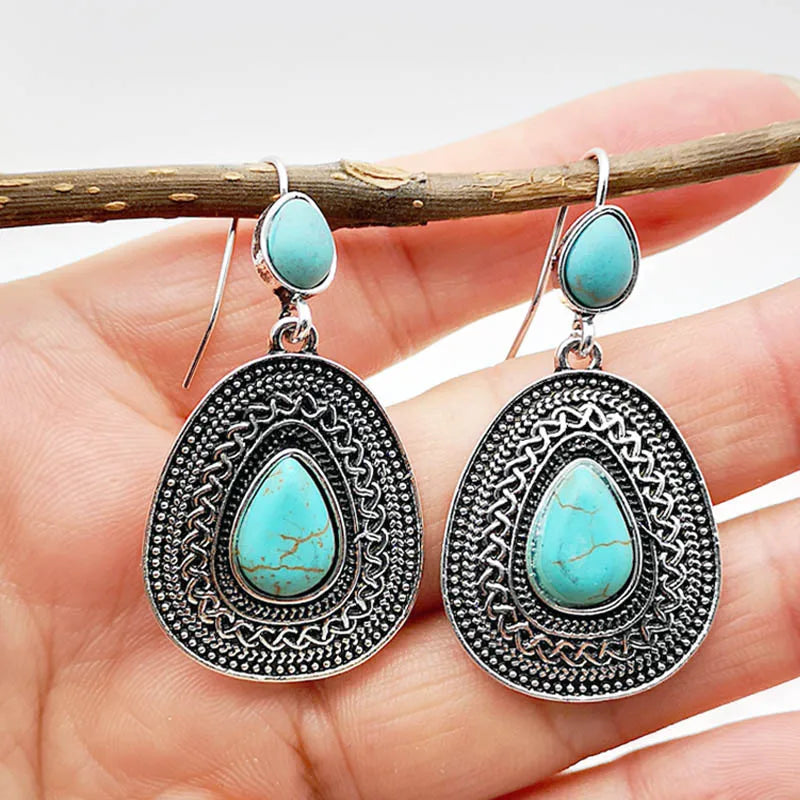 Bohemian zilveren oorbellen met turquoise druppel