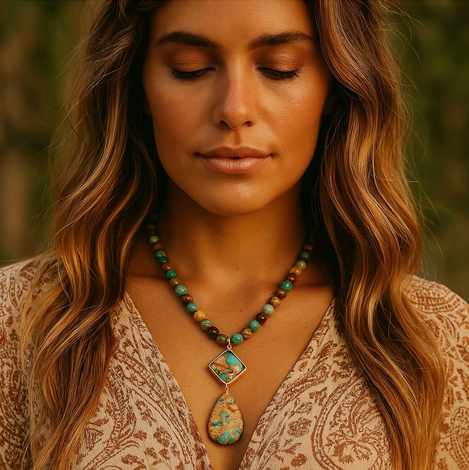 Bohemian kralenketting met meerkleurige jaspis-hanger