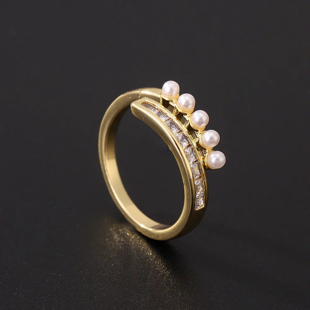 Gouden open ring met zirkonia en parels