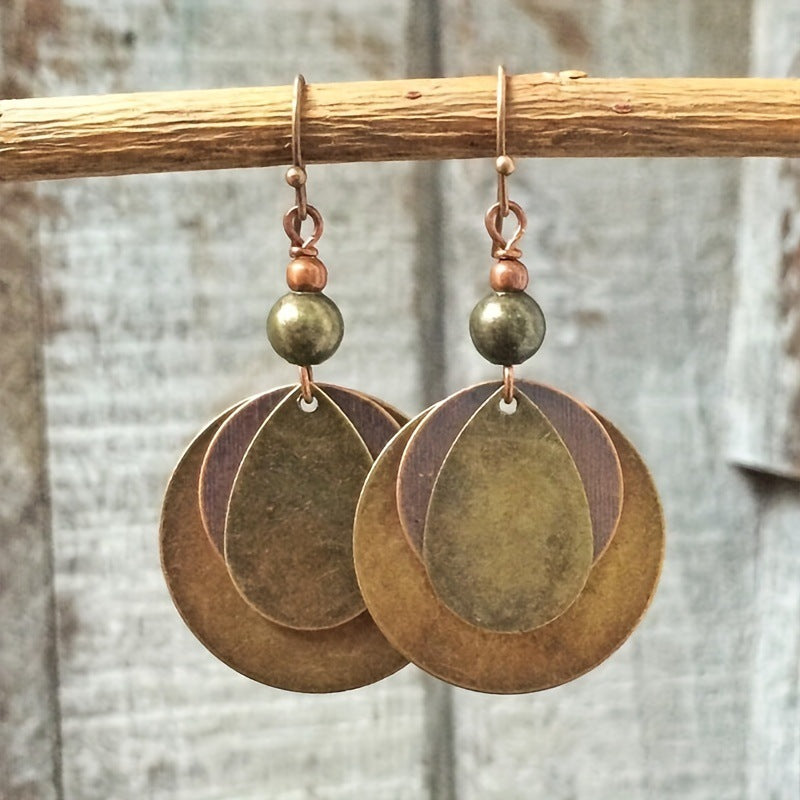 Bohemian bronzen oorbellen met dubbele ronde schijf