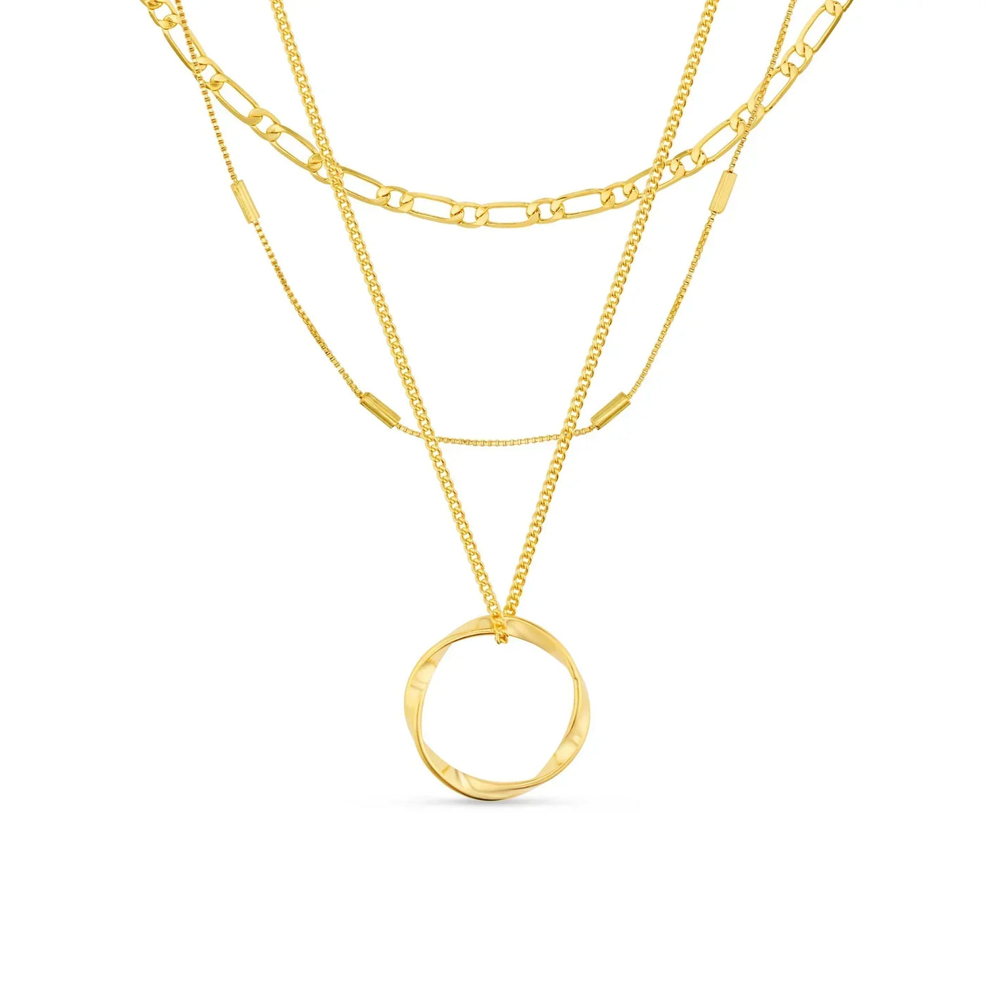 Zilveren gelaagde ketting met opengewerkte ring hanger