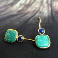 Gouden oorbellen met turquoise en lapis lazuli