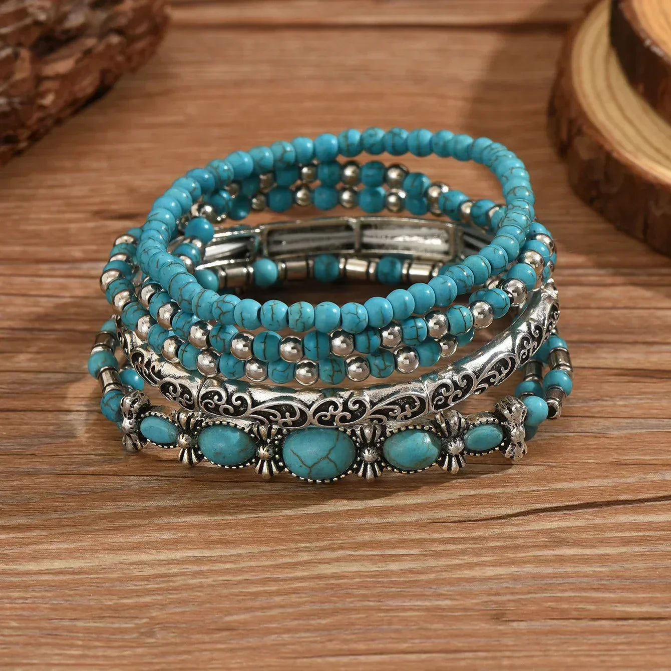 Bohemian zilveren armbandenset met turquoise