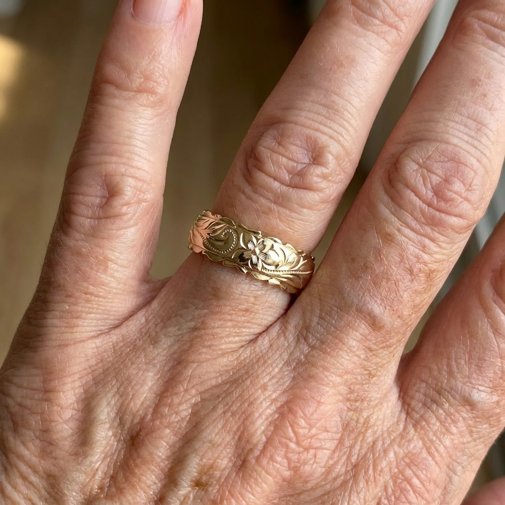 Gouden vintage ring met gegraveerd bloemmotief