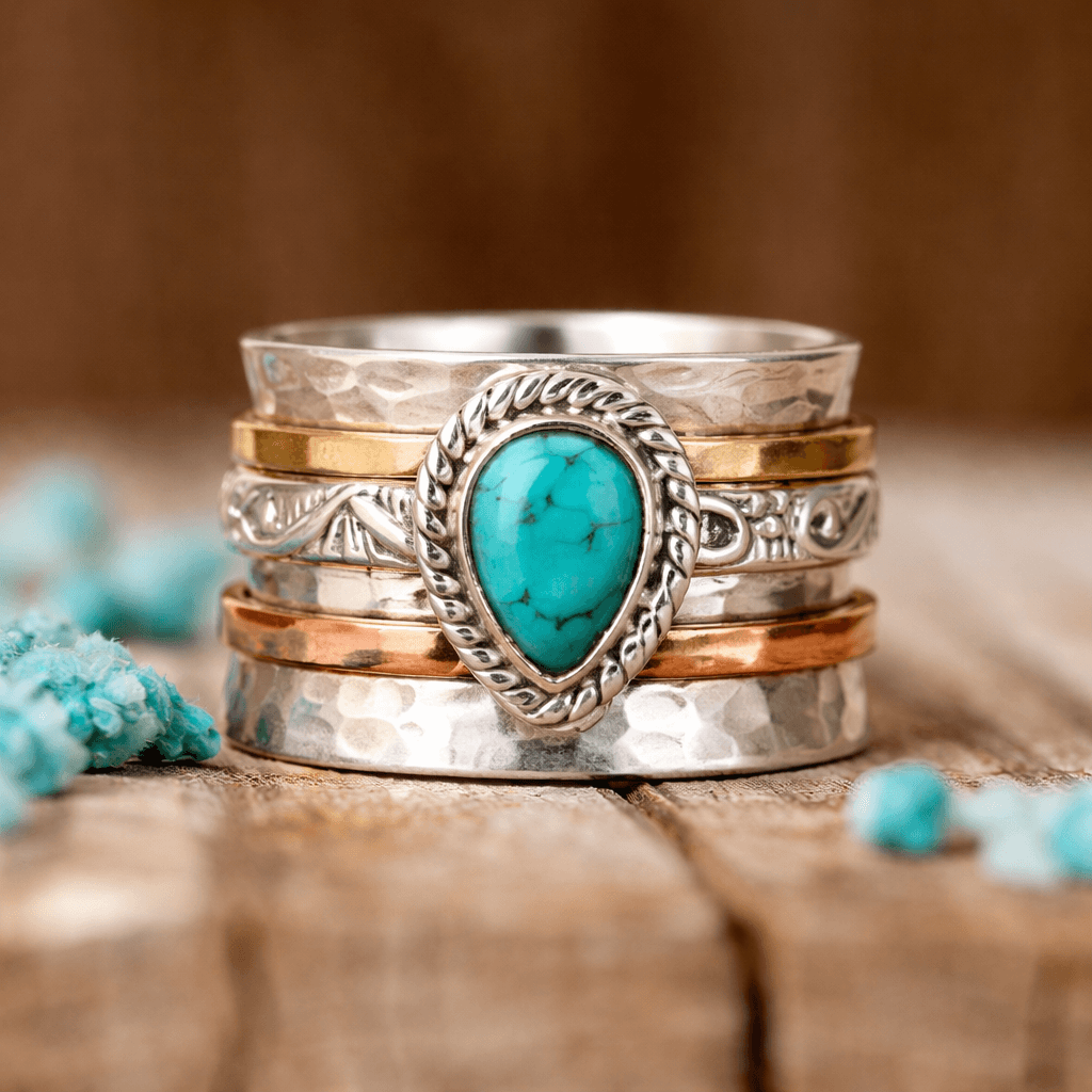 Zilveren spinner ring met druppelvormig turquoise