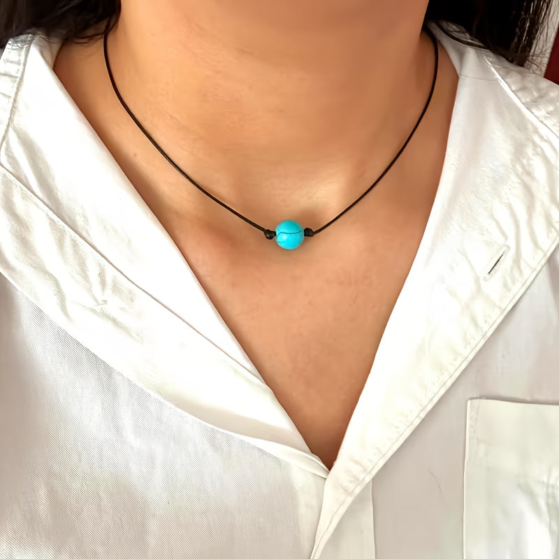 Bohemian lariat ketting van bruin koord met turkooizen kralen