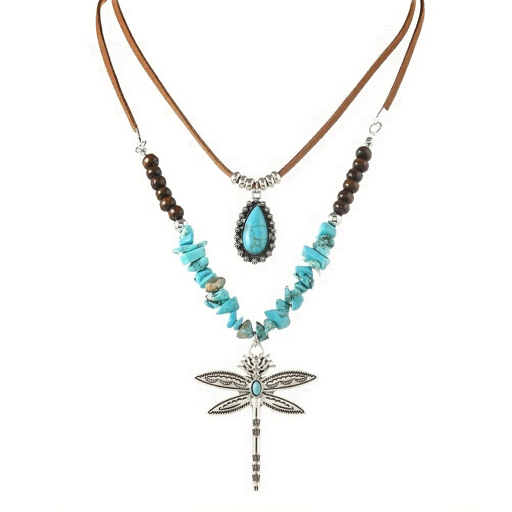 Bohemian dubbellaagse ketting met turkooizen kralen en libelle