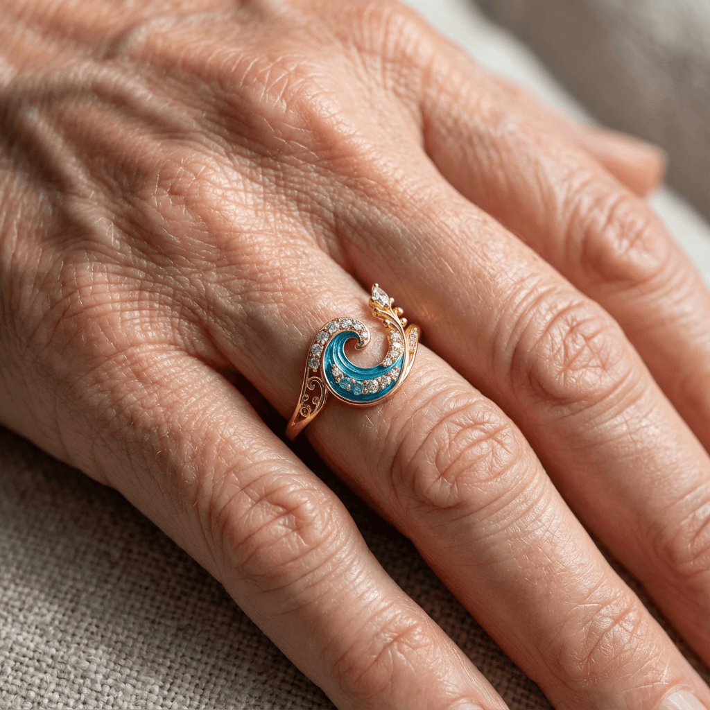 Gouden golfring met blauw emaille en kristallen
