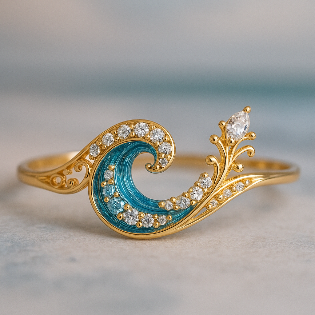Gouden golfring met blauw emaille en kristallen
