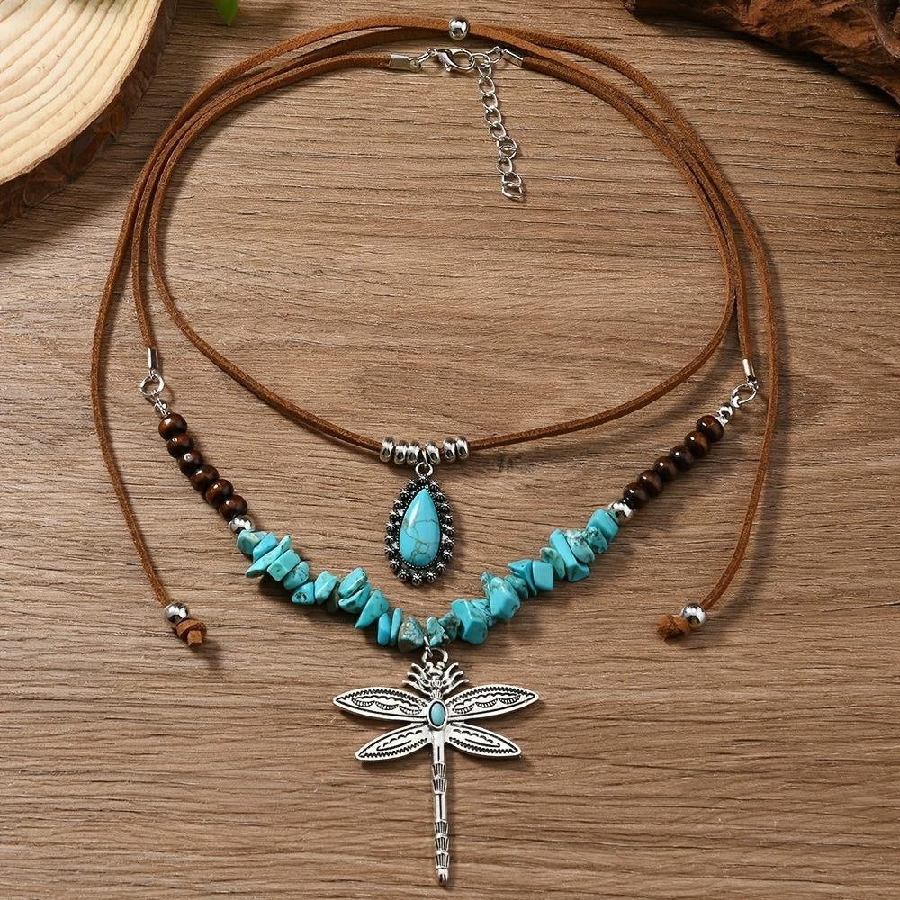 Bohemian dubbellaagse ketting met turkooizen kralen en libelle
