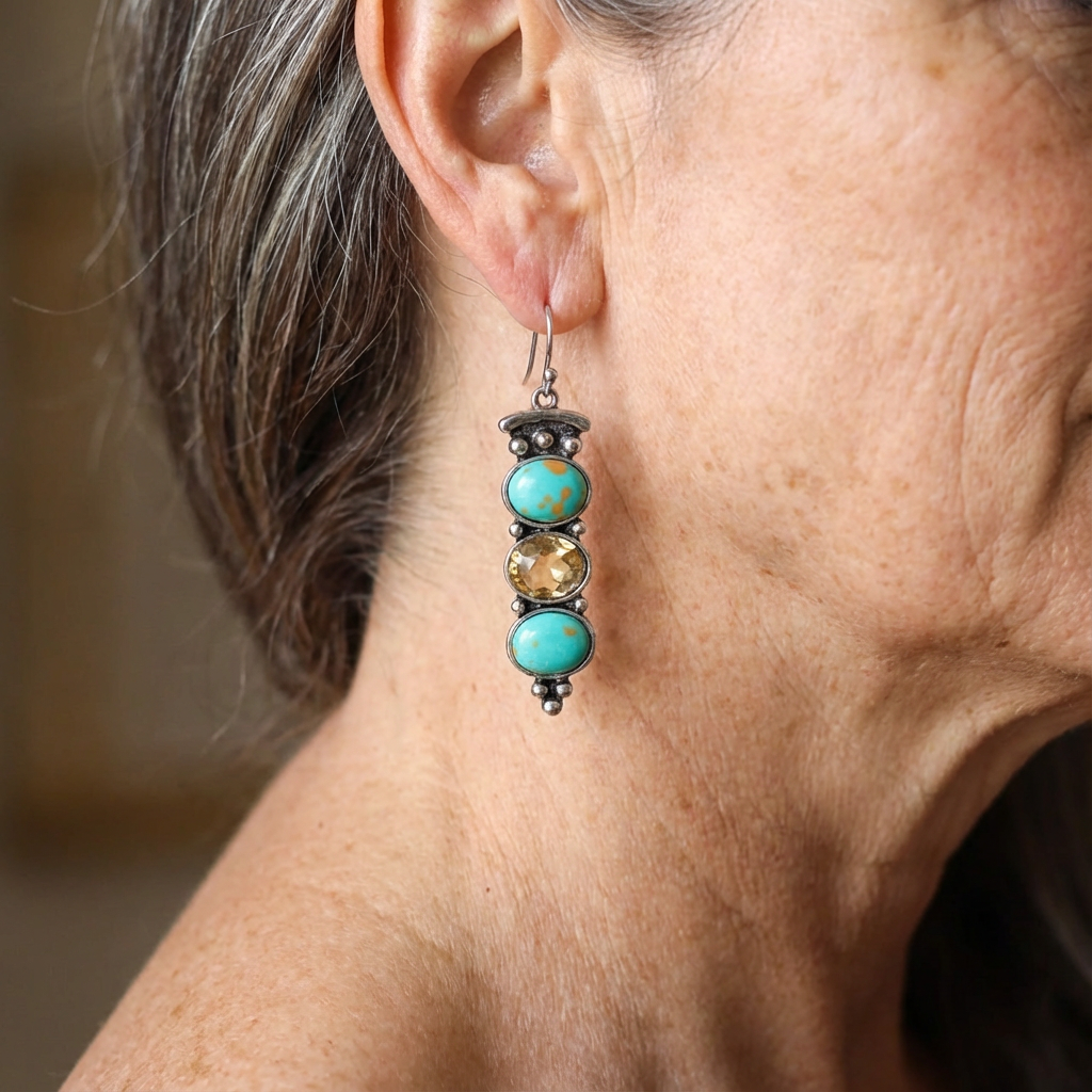 Zilveren bohemian oorbellen met turquoise en citrien