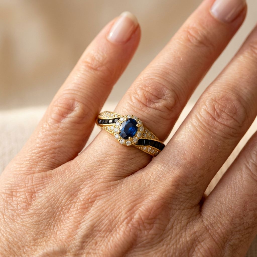 Gouden ring met blauwe saffier en zwarte edelstenen
