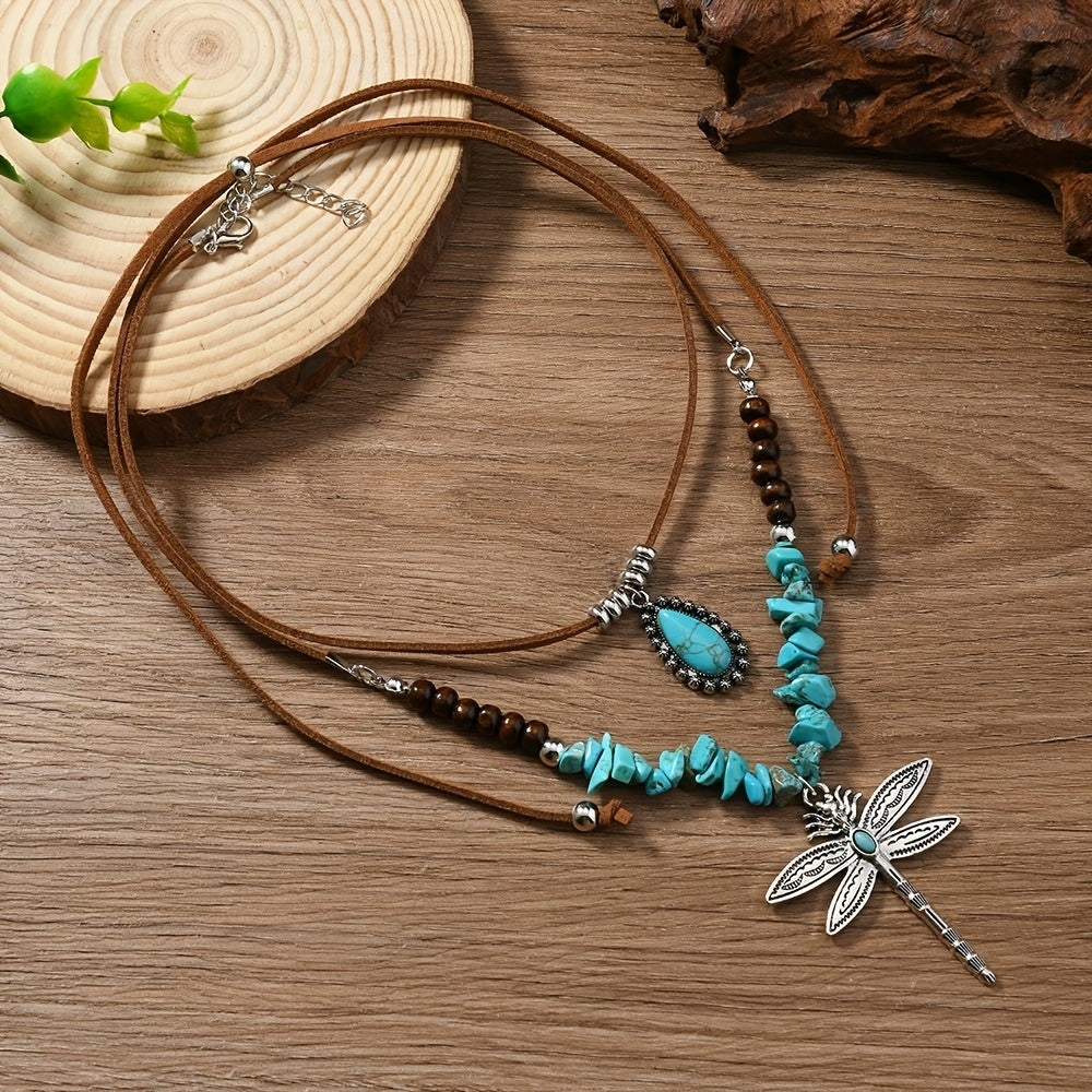 Bohemian dubbellaagse ketting met turkooizen kralen en libelle