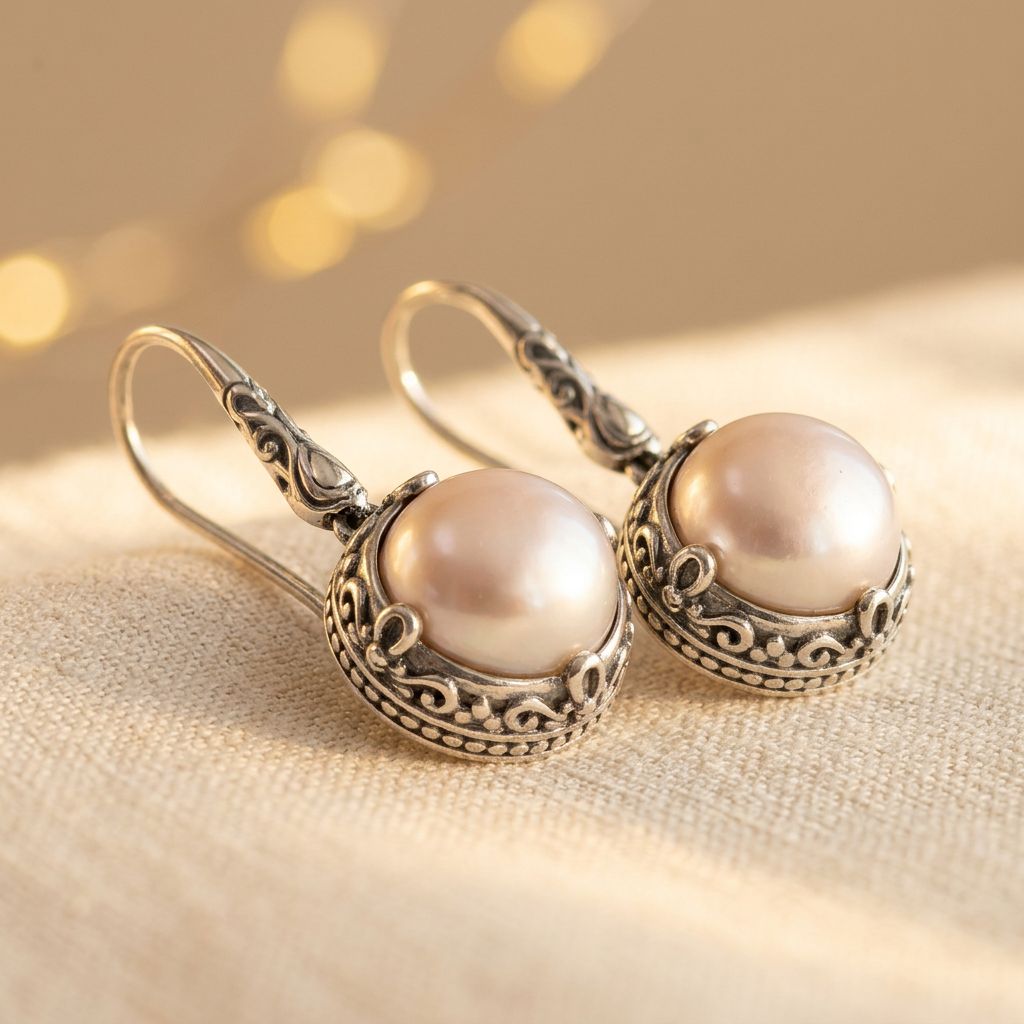 Zilveren vintage oorbellen met roze parel