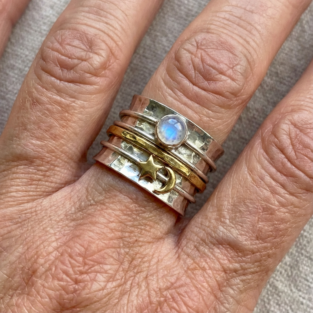 Zilveren en gouden brede ring met maansteen