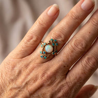 Gouden vintage ring met opaal en turquoise emaille