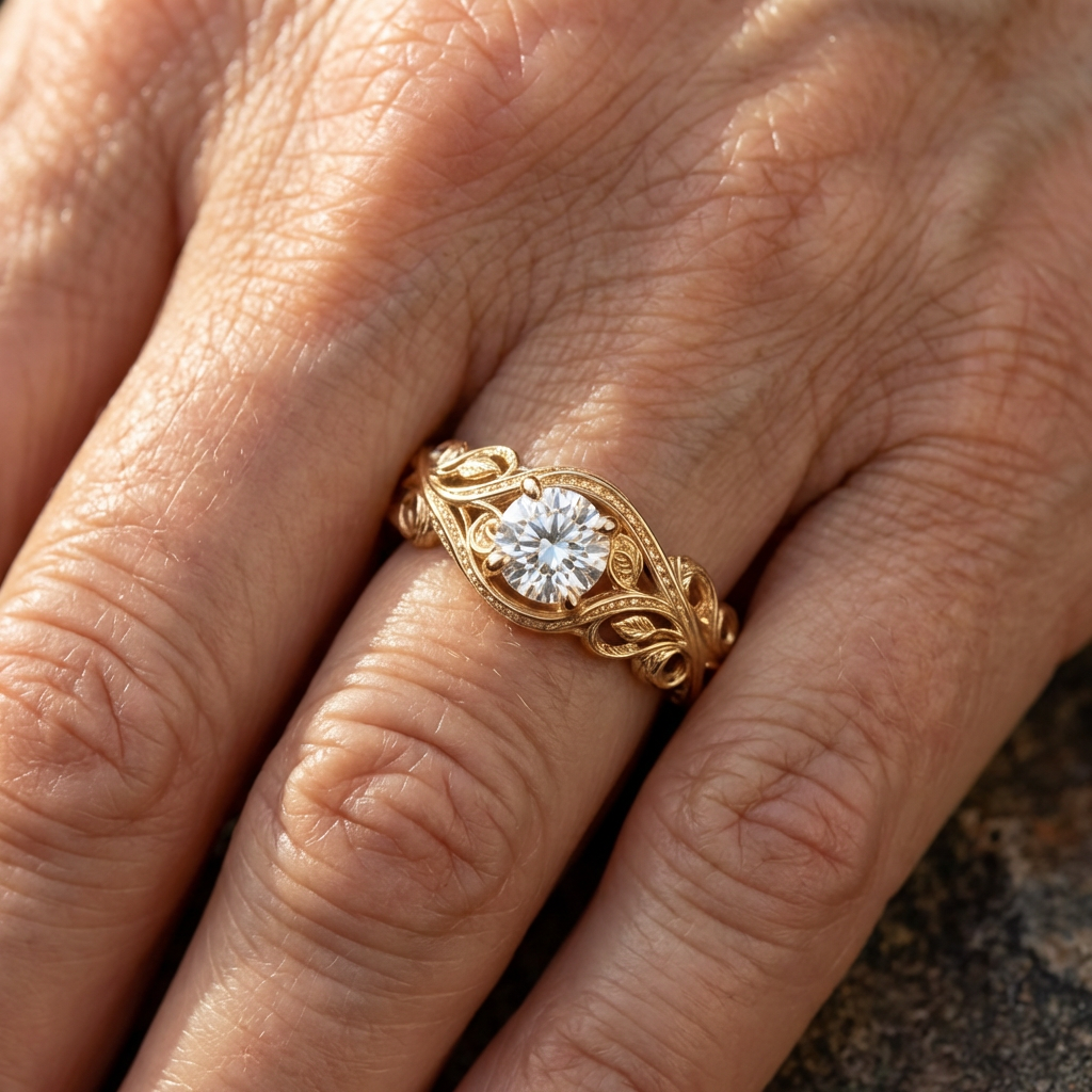 Gouden ring met sierlijke bladranken en steen