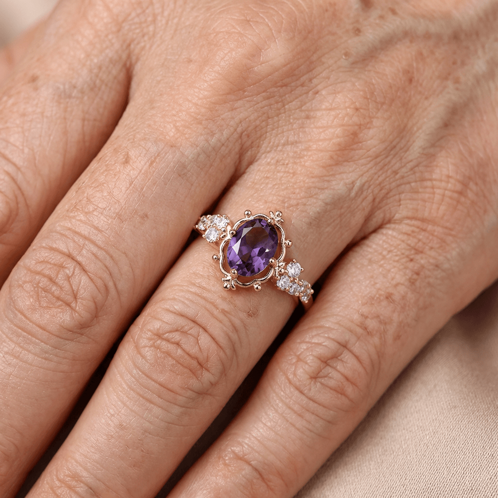 Gouden vintage ring met ovale paarse edelsteen