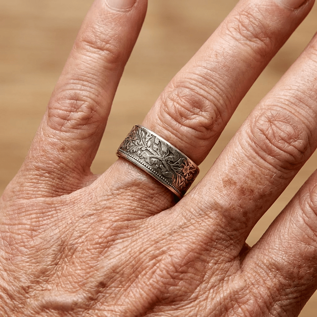 Zilveren muntring met gegraveerd vintage motief