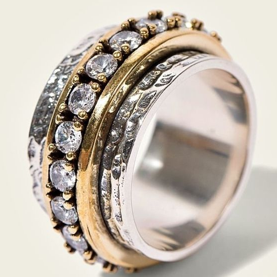 Zilveren brede ring met zirkonia en gouden band