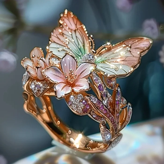 Gouden vintage ring met vlinder en bloemen